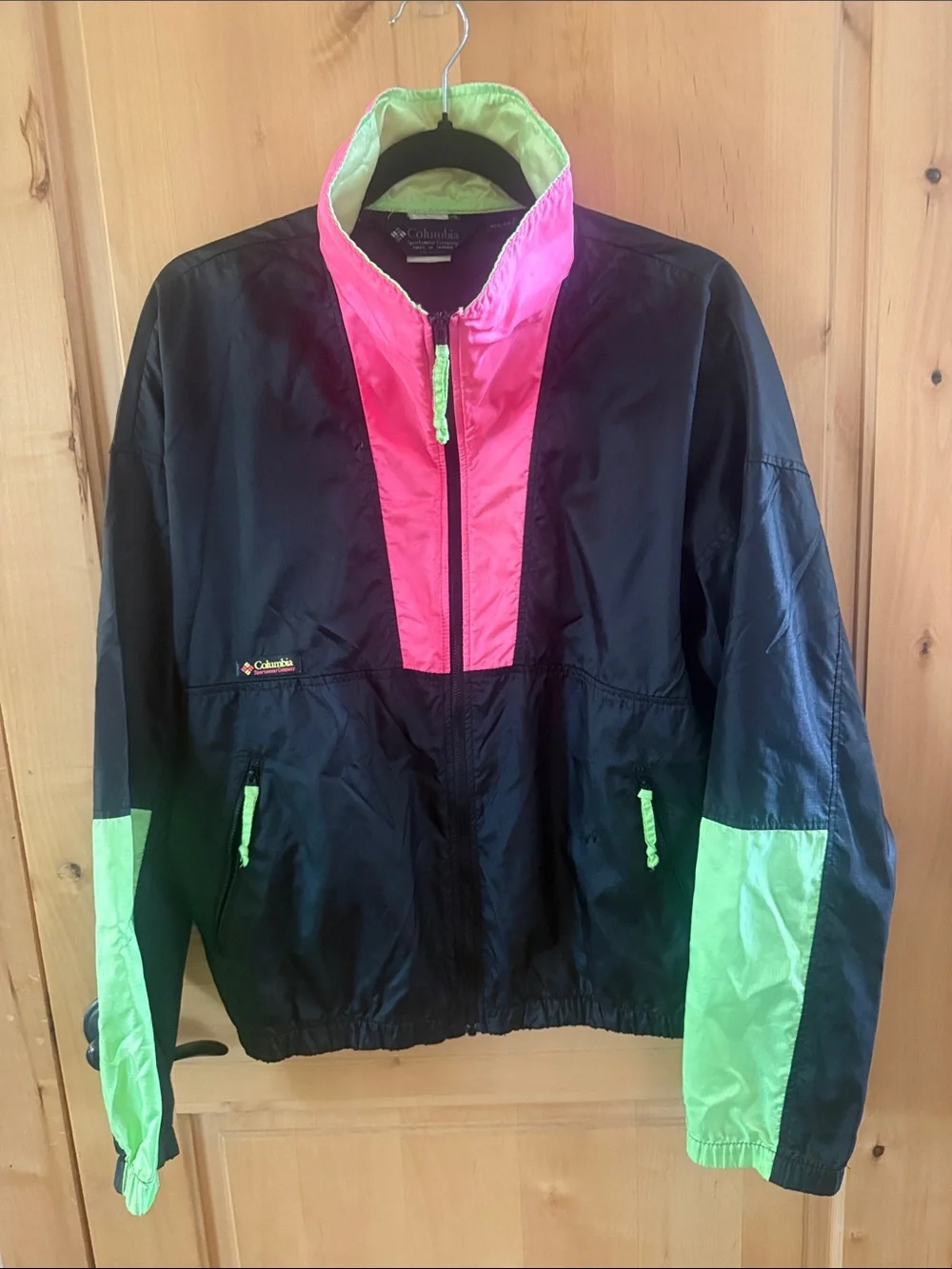Vintage Men’s M Black Windbreaker Jacket Black, Pink, Lime Green!